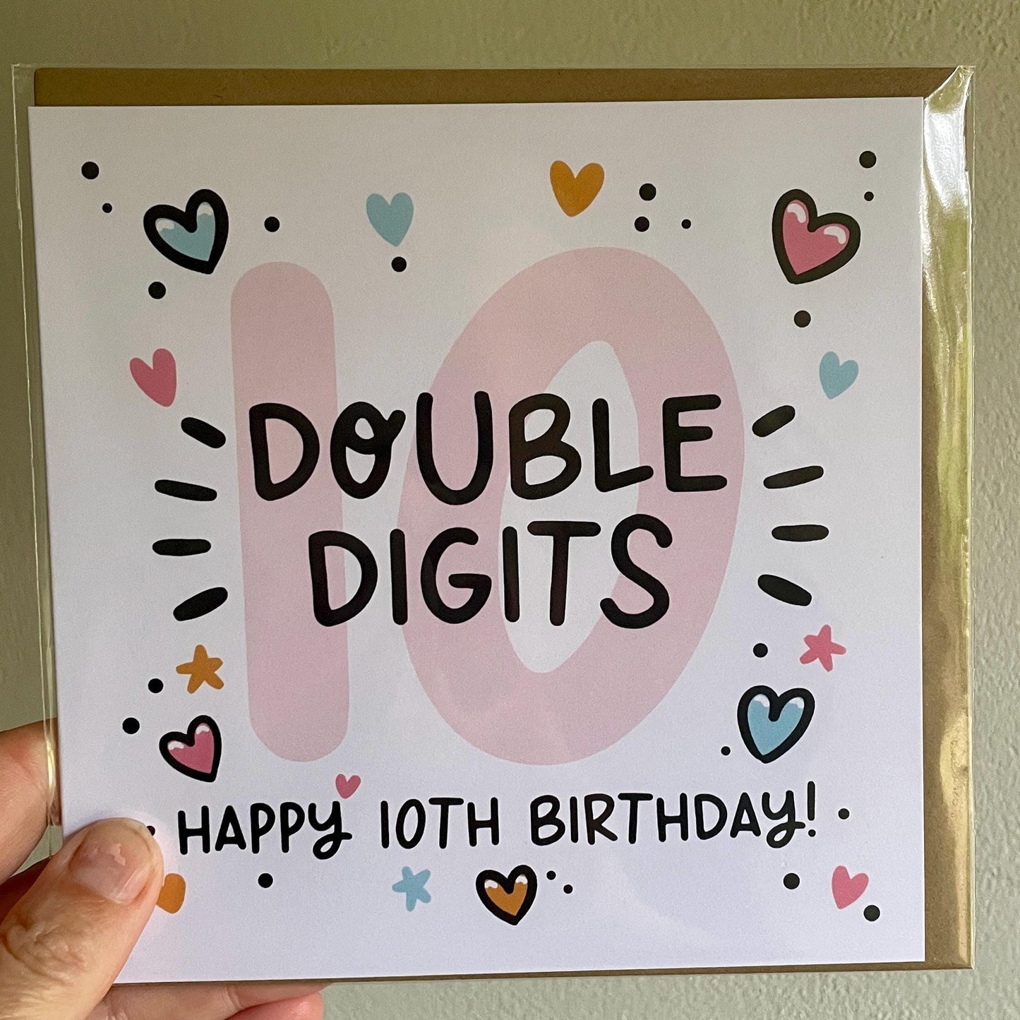 10th Birthday Card, Double Digits Card For Girls With Pink Hearts Design