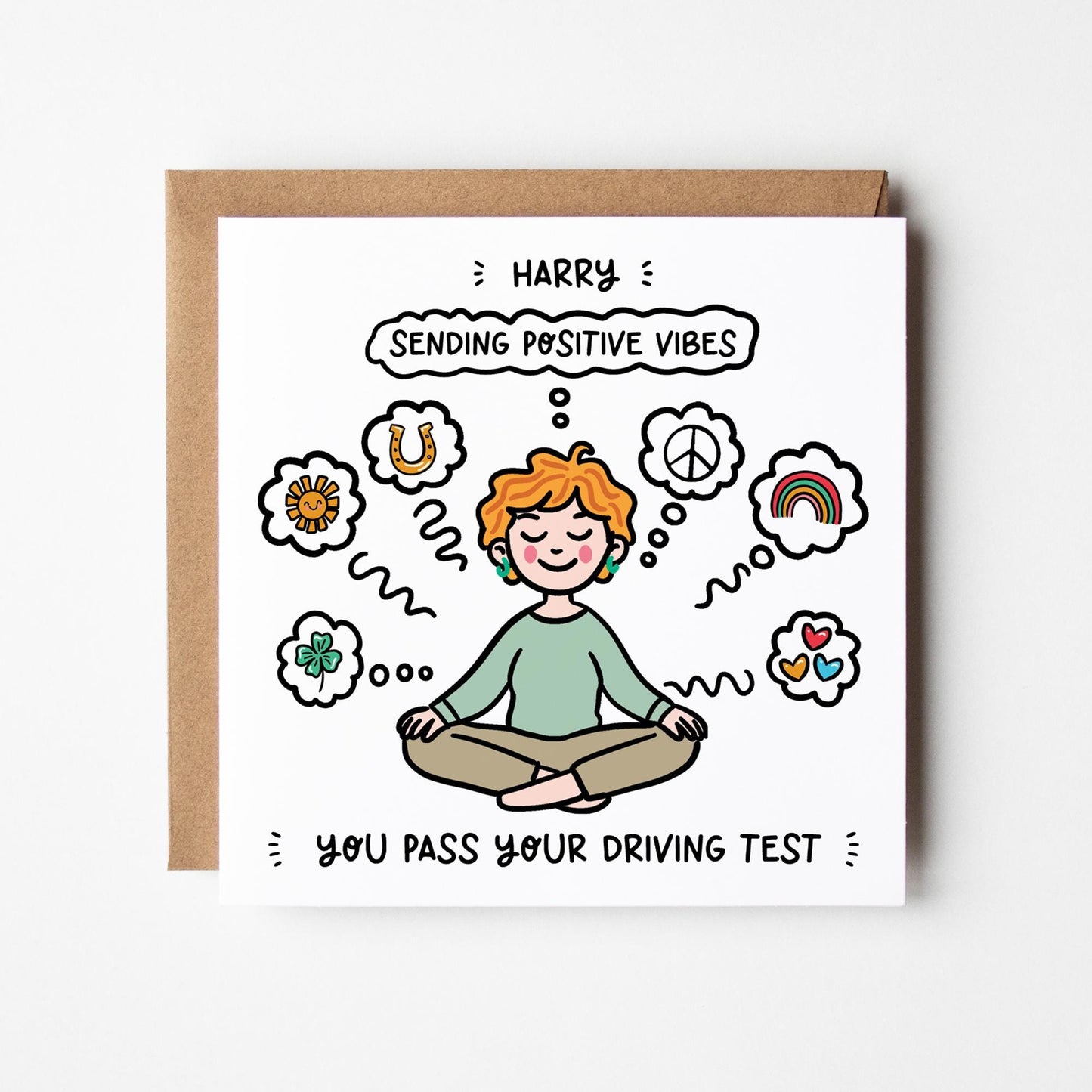 Personalised Good Luck Card, Positive Vibes Birthday Greeting With Kraft Envelope