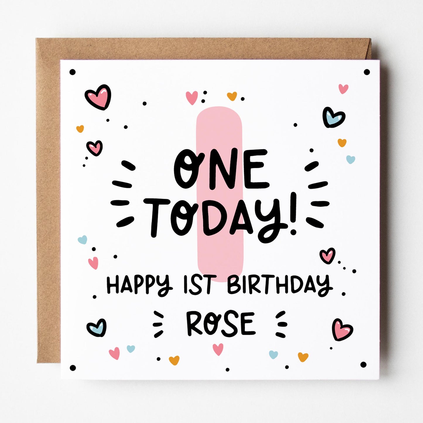 Personalised 1st Birthday Card for Girl: 'One Today' Design, Pink
