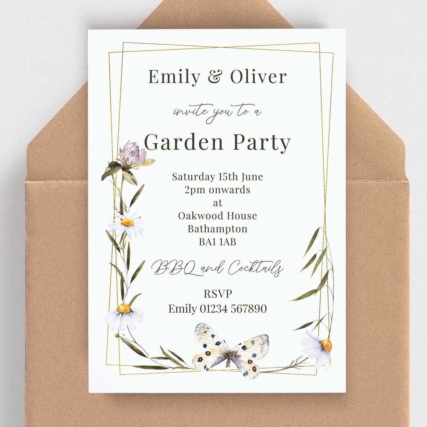 Invitation card for a garden party with floral and butterfly design on a brown envelope.