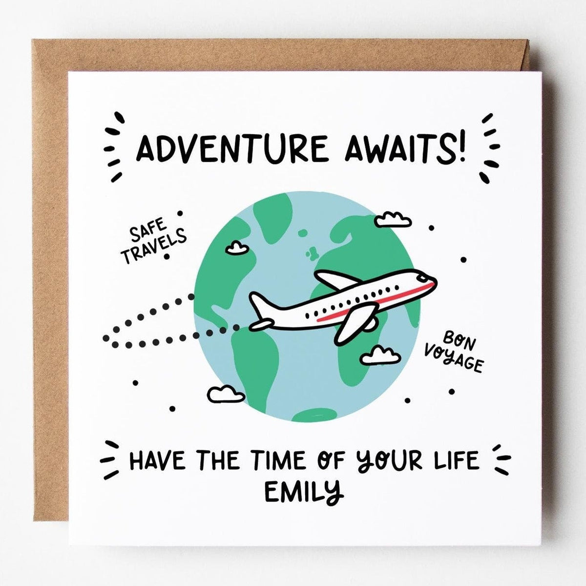 Adventure Awaits Card • Personalised Bon Voyage Safe Travels Card for Travellers • Cute Travel Card •