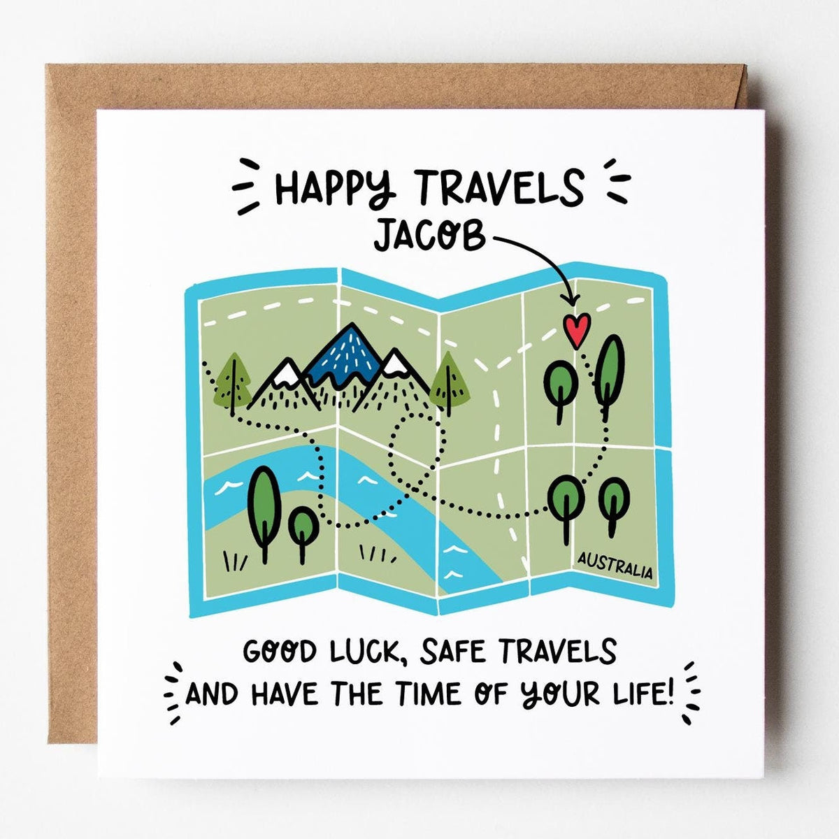 Happy Travels Map Card • Personalised Adventure Awaits Card • Bon Voyage Safe Travels Card for Travellers • Cute Travel Card •