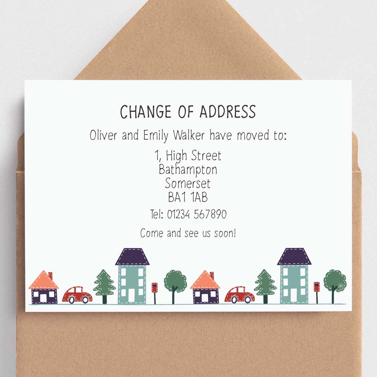personalised change of address announcement cards, printed moving home cards with a sweet patchwork street design