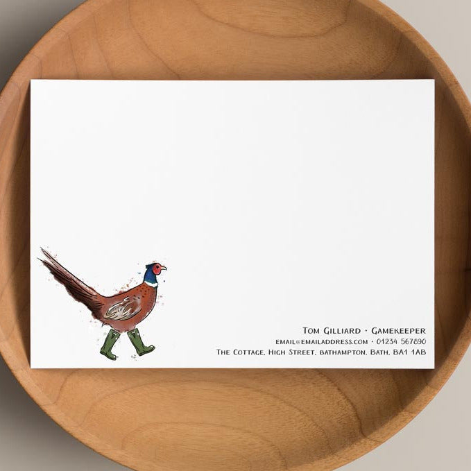 personalised note with pheasant in wellies