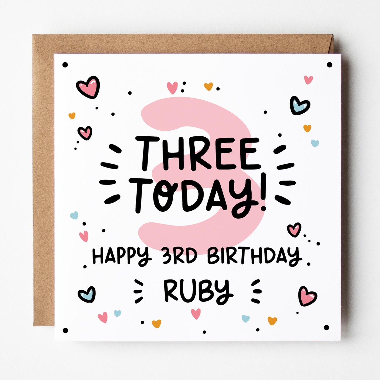 Girls 3rd Birthday Card, Kraft Envelope, FSC Certified Smooth White Card