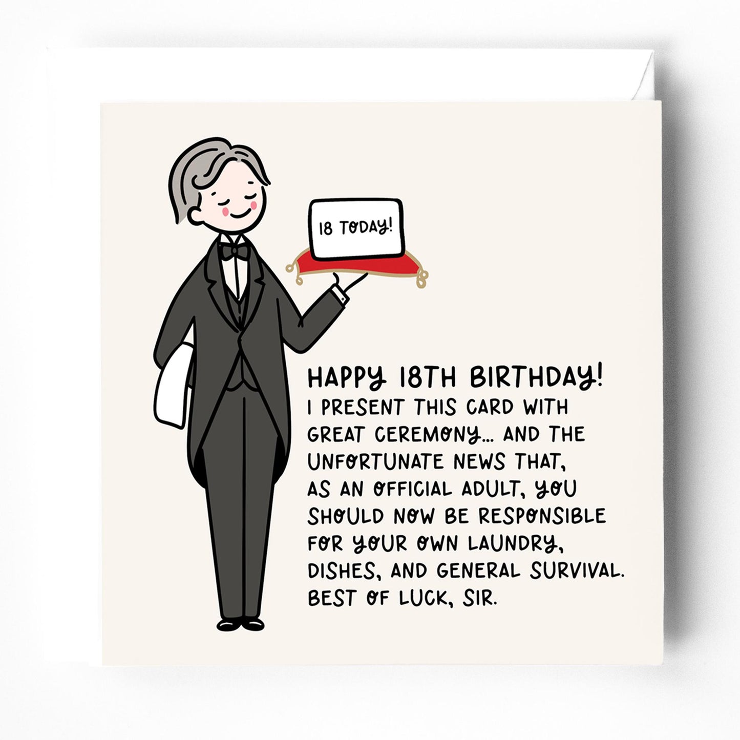 18th Birthday Card for Him: Funny, Butler Design for Boys, with White envelope