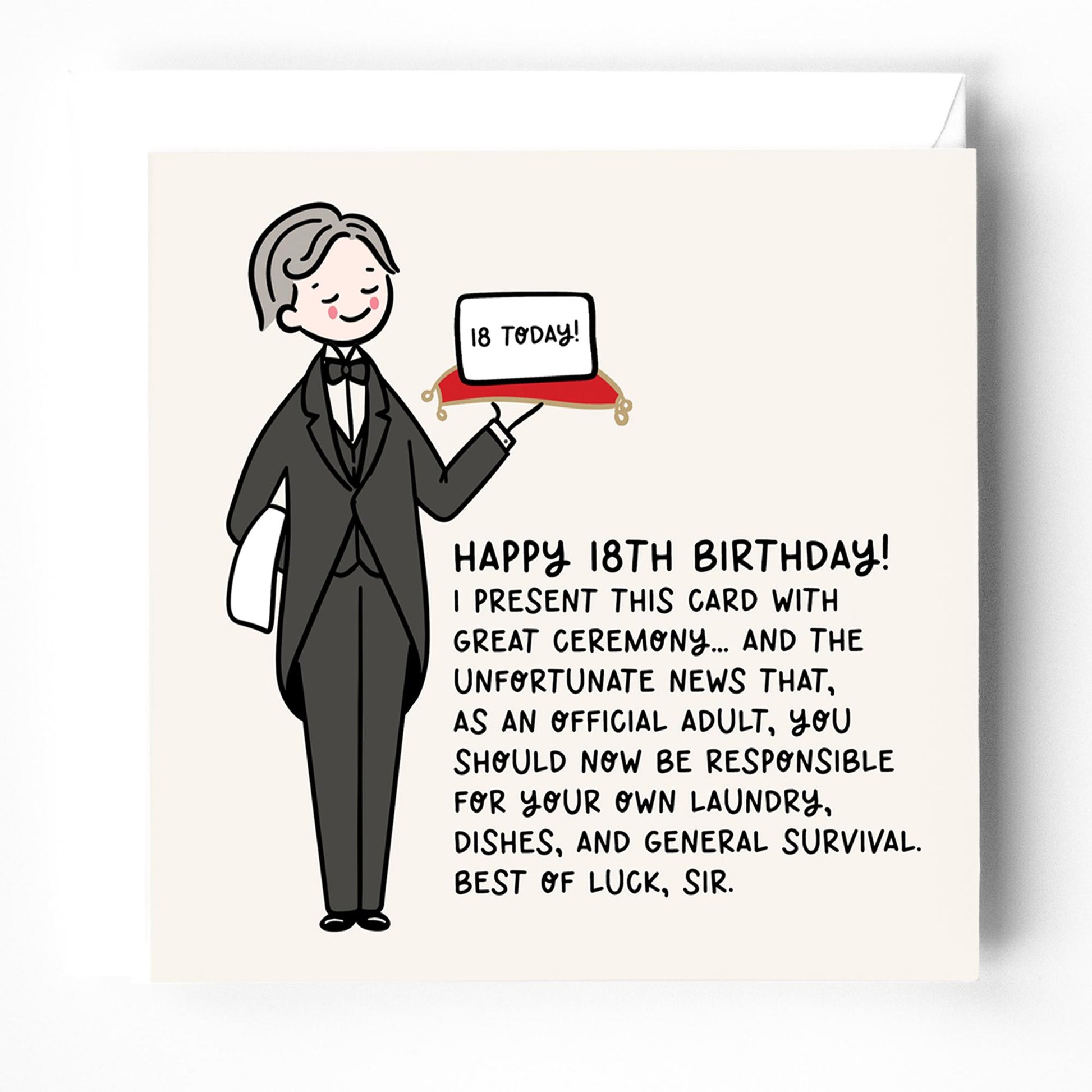 18th Birthday Card for Him: Funny, Butler Design for Boys, with White envelope