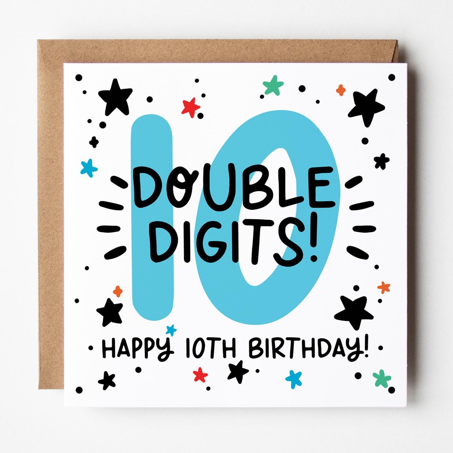 10th Birthday Card: Blue 10, Double Digits, with Stars and Kraft Envelope