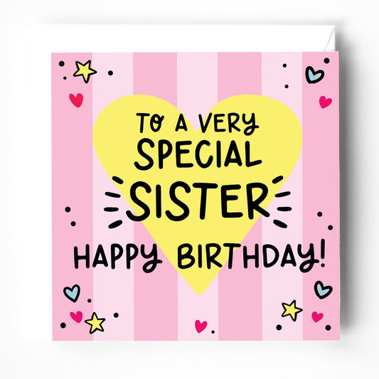 Sister Birthday Card; bright, pink, with white envelope