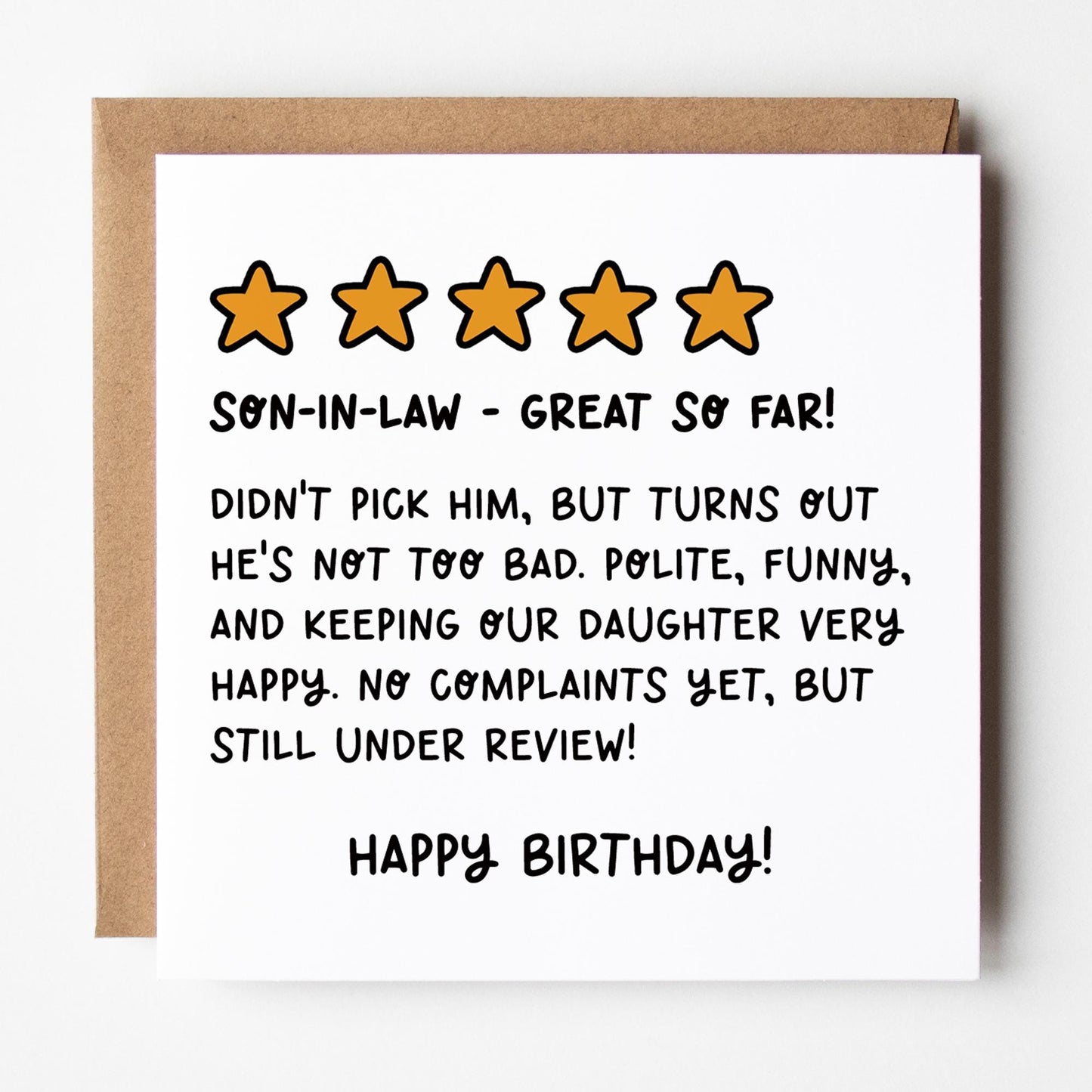 Son-in-Law Birthday Card: Funny, 5 Star Review with Kraft Envelope