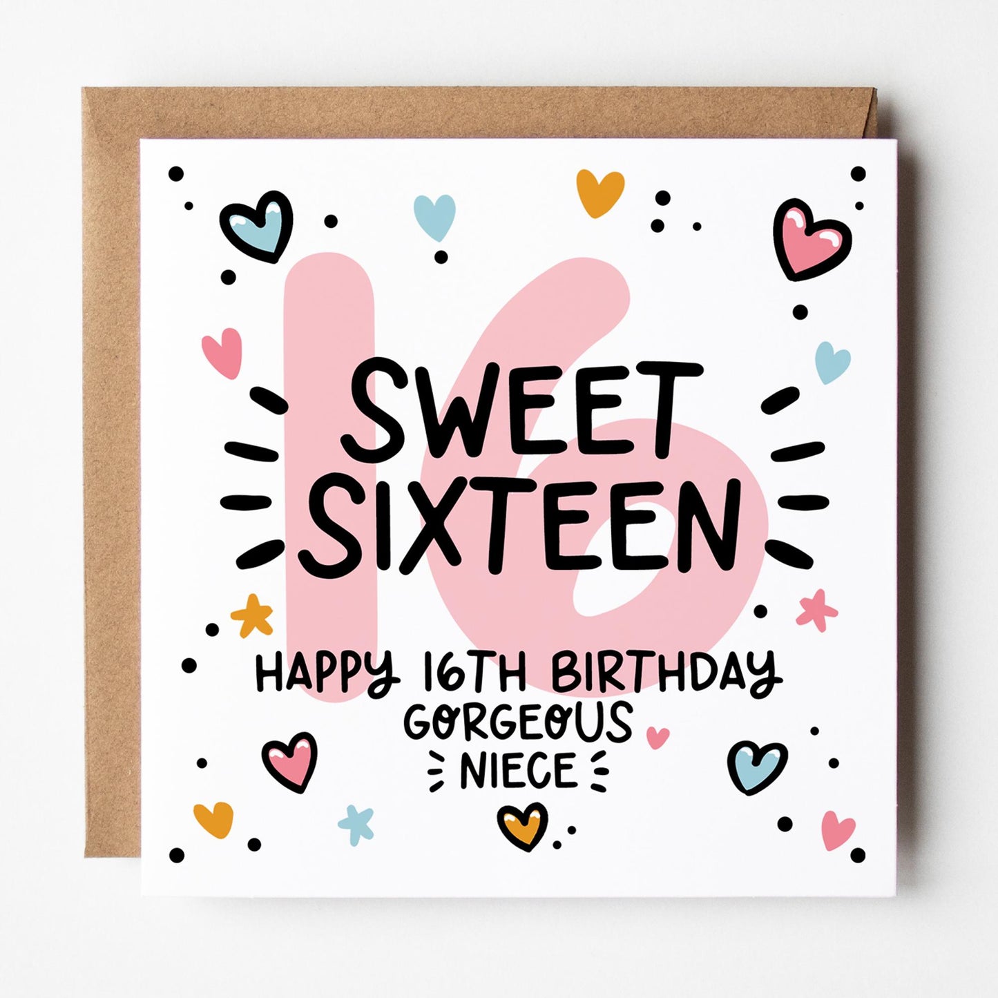 16th Birthday Card for Niece: Pink 16, Sweet Sixteen with Hearts and Kraft Envelope