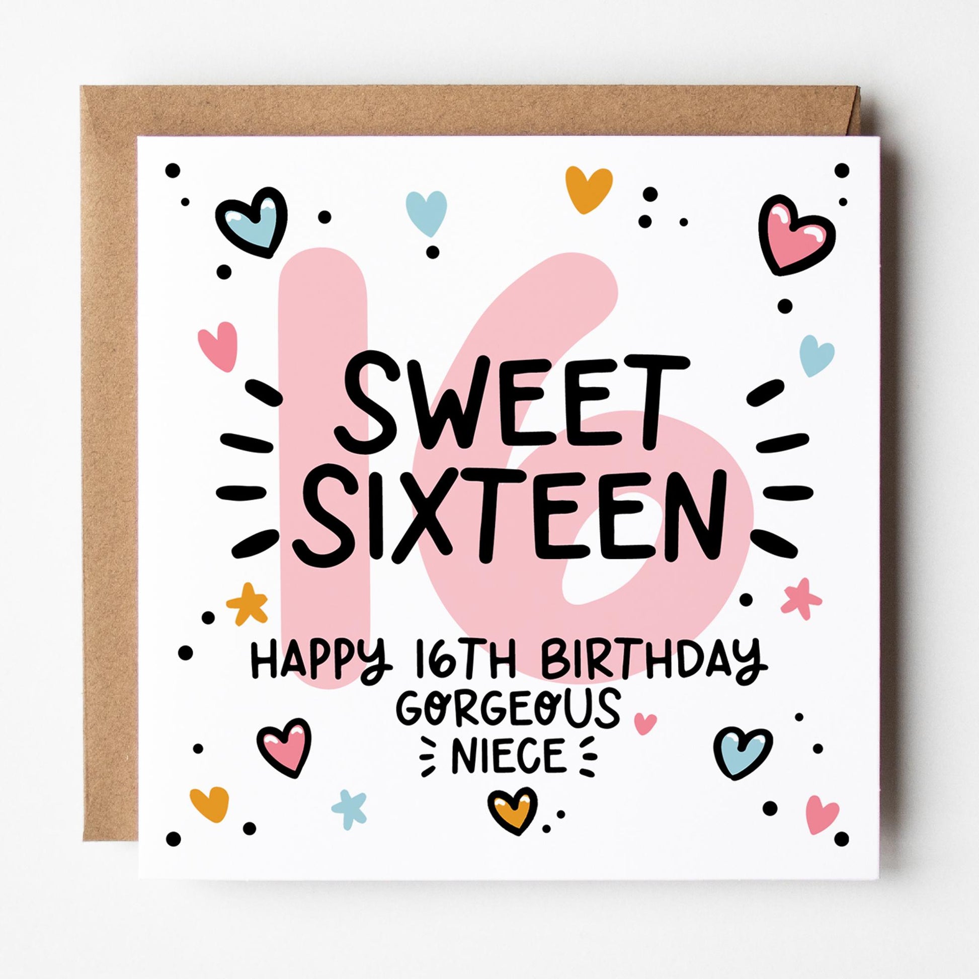 16th Birthday Card for Niece: Pink 16, Sweet Sixteen with Hearts and Kraft Envelope