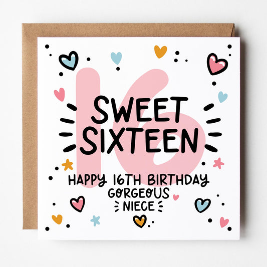 16th Birthday Card for Niece: Pink 16, Sweet Sixteen with Hearts and Kraft Envelope