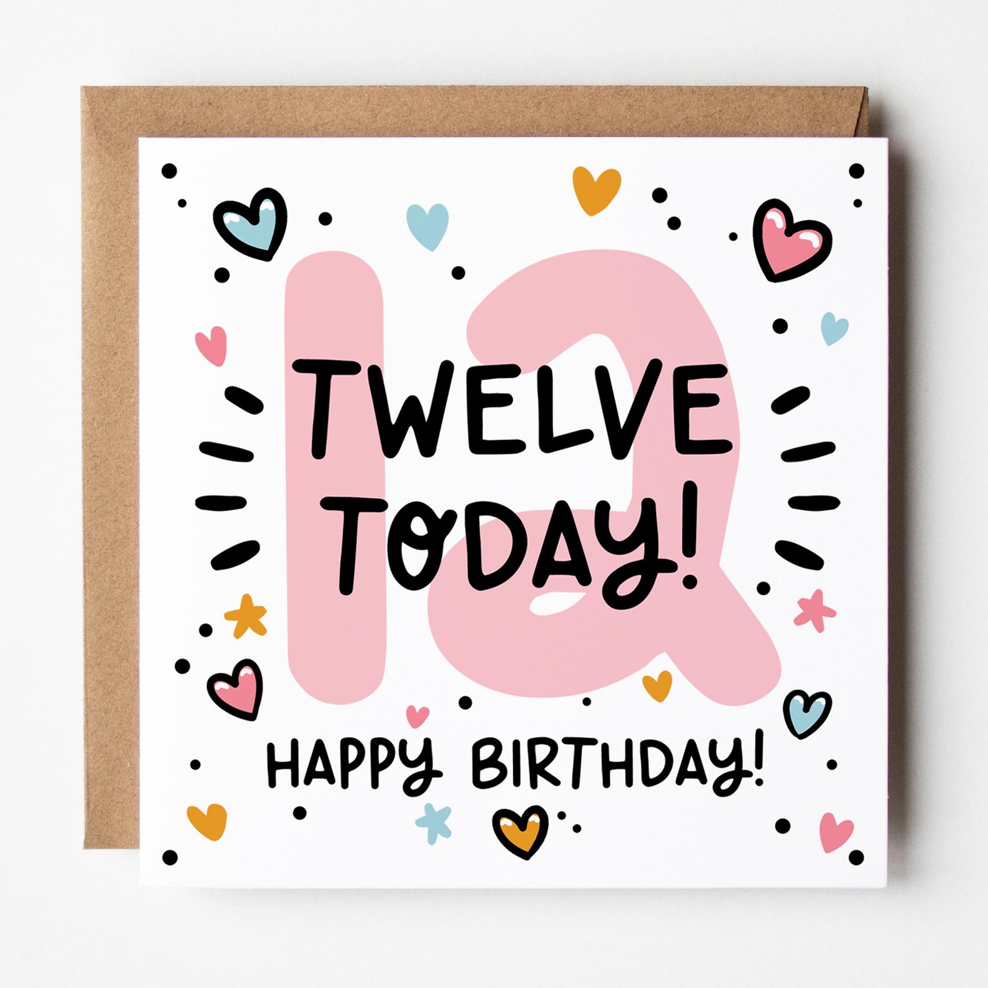 12th Birthday Card for Girls: Pink 12, Twelve Today with Hearts and Kraft Envelope