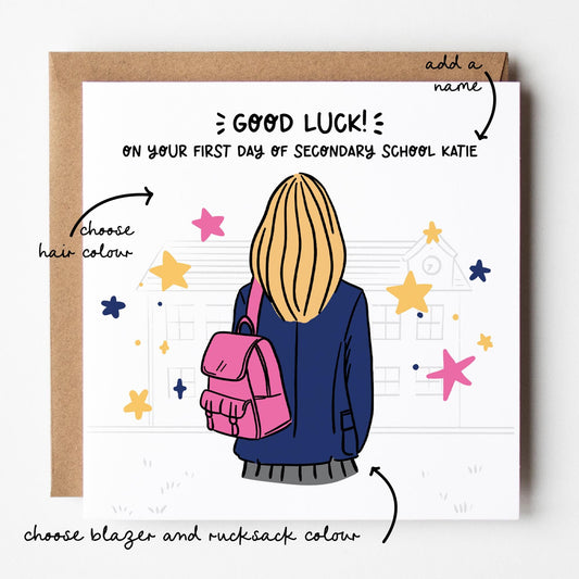 Starting Secondary School Card • Good Luck First Day of Secondary School Card for Girls