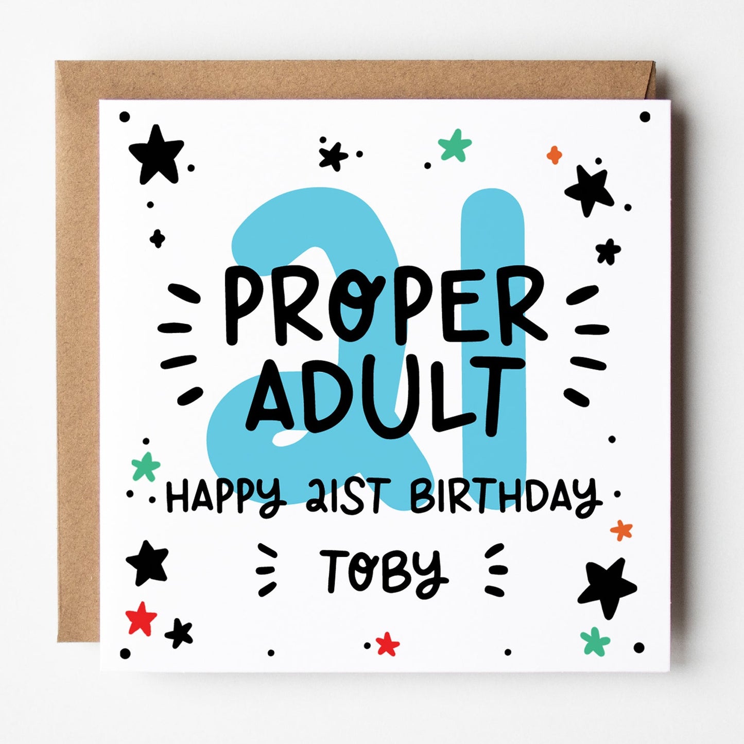 21st birthday card, proper adult, blue