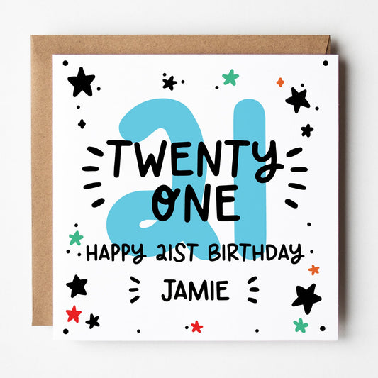 21st birthday card, blue, personalised
