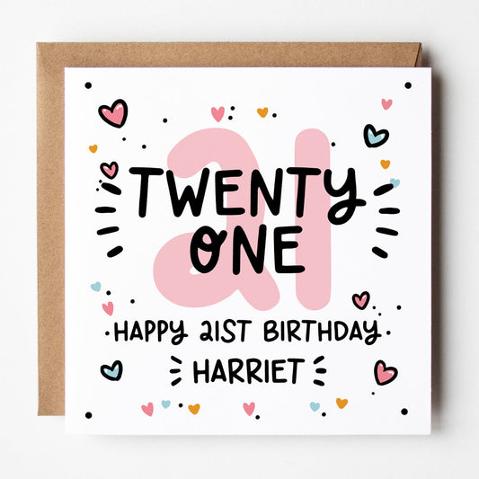 21st birthday card, pink, for her