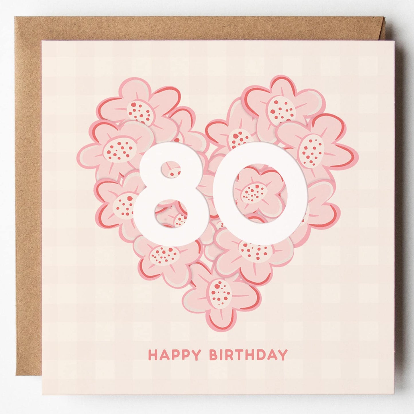 80th Birthday Card for Her; mum, granny, sister, friend, auntie, pretty, pink, with Kraft envelope