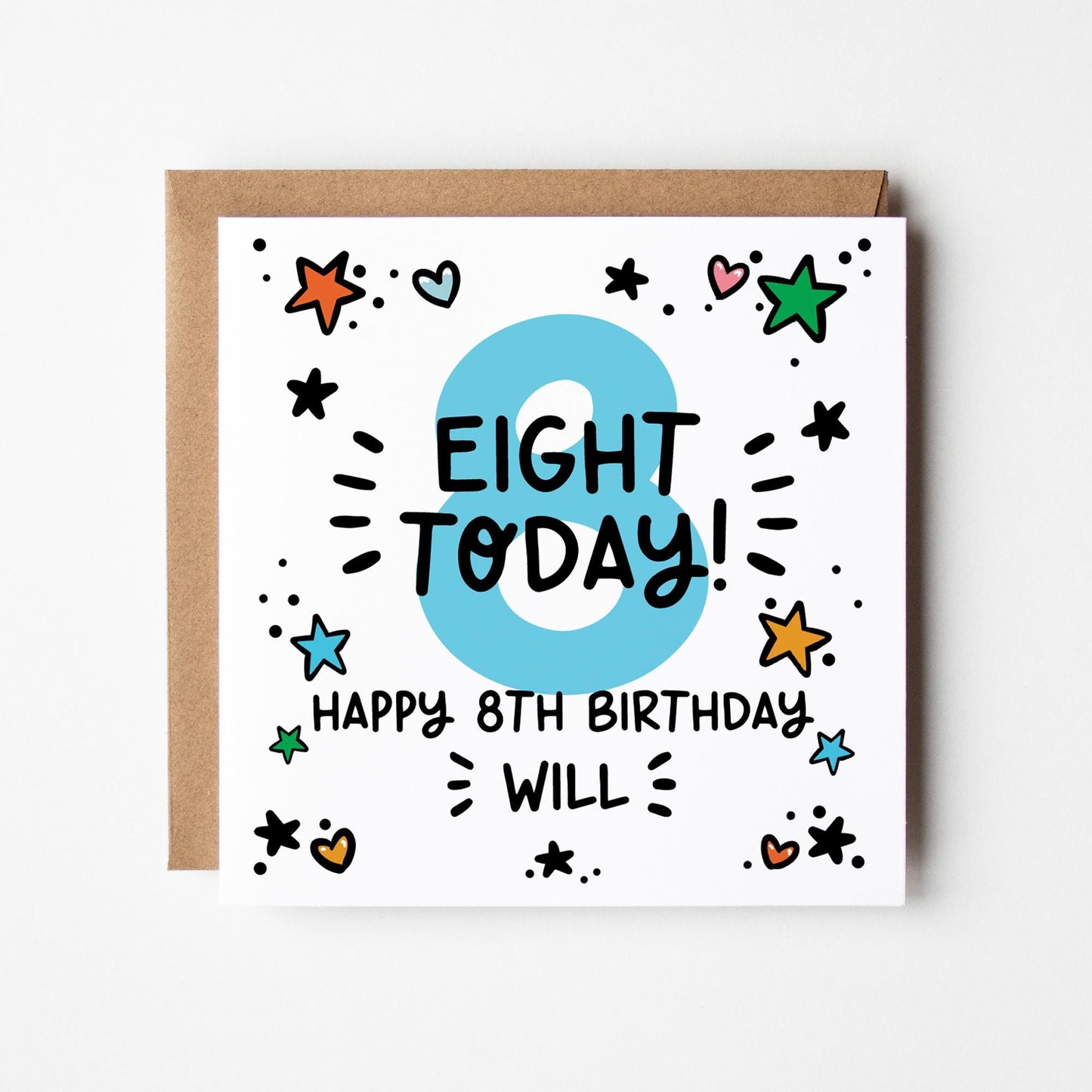 Personalised 1st-9th Birthday Card: Boys, Girls, Blue Number Card, Kraft Envelope