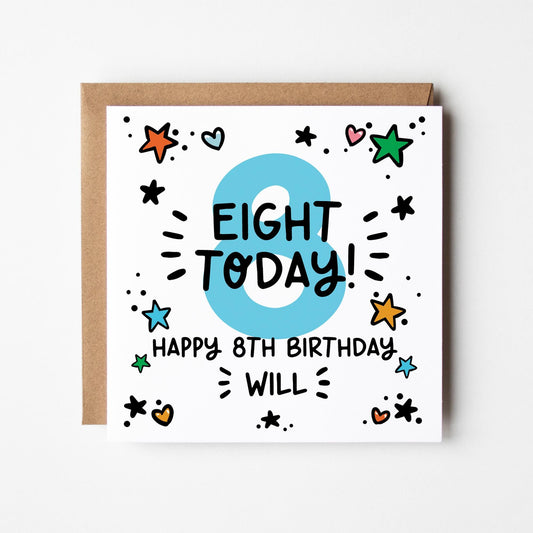 Personalised 1st-9th Birthday Card: Boys, Girls, Blue Number Card, Kraft Envelope
