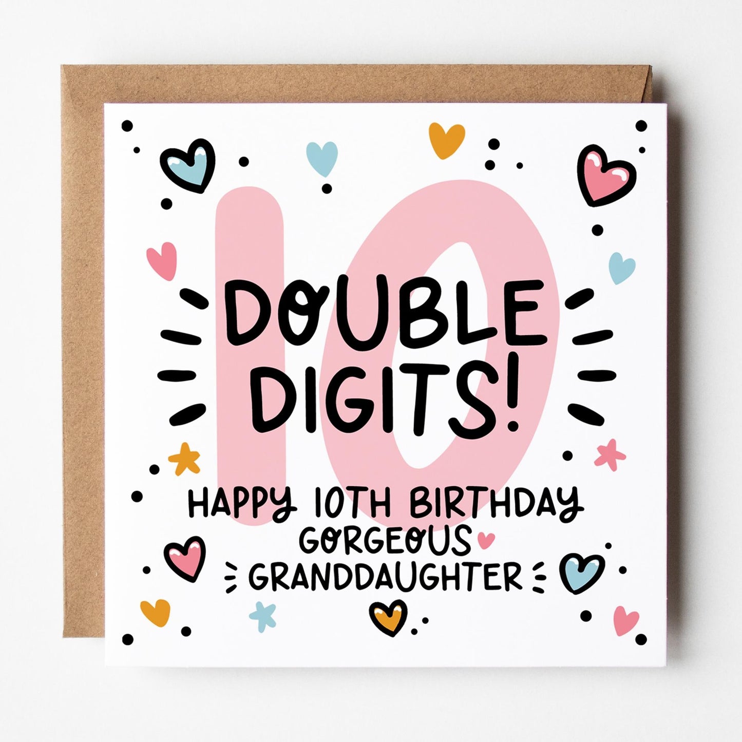 10th Birthday Card for Granddaughter: Pink 10, Double Digits with Hearts and Kraft Envelope