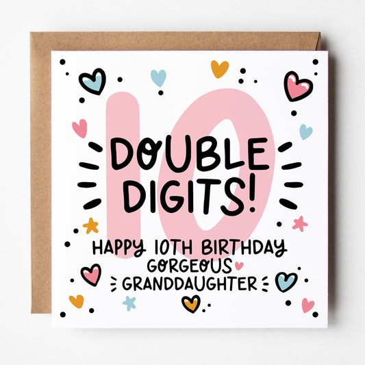10th Birthday Card for Granddaughter: Pink 10, Double Digits with Hearts and Kraft Envelope