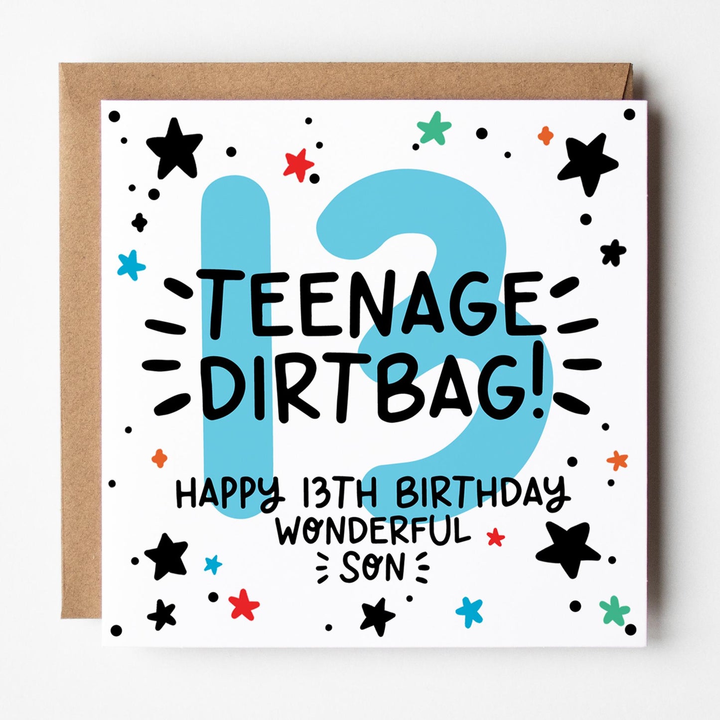 13th Birthday Card for Son Teenage Dirtbag, with Kraft Envelope