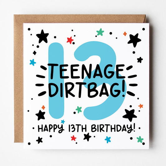 Happy 13th Birthday Card: Blue 13, Teenager Dirtbag with Stars and Kraft Envelope