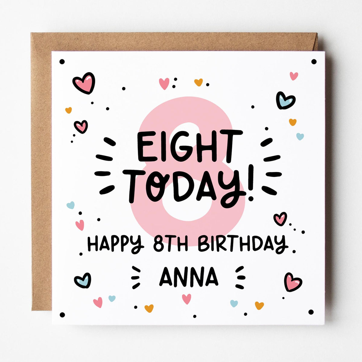 Personalised Girls 6th 7th 8th 9th Birthday Card: Pink number, Custom Name, Kraft Envelope