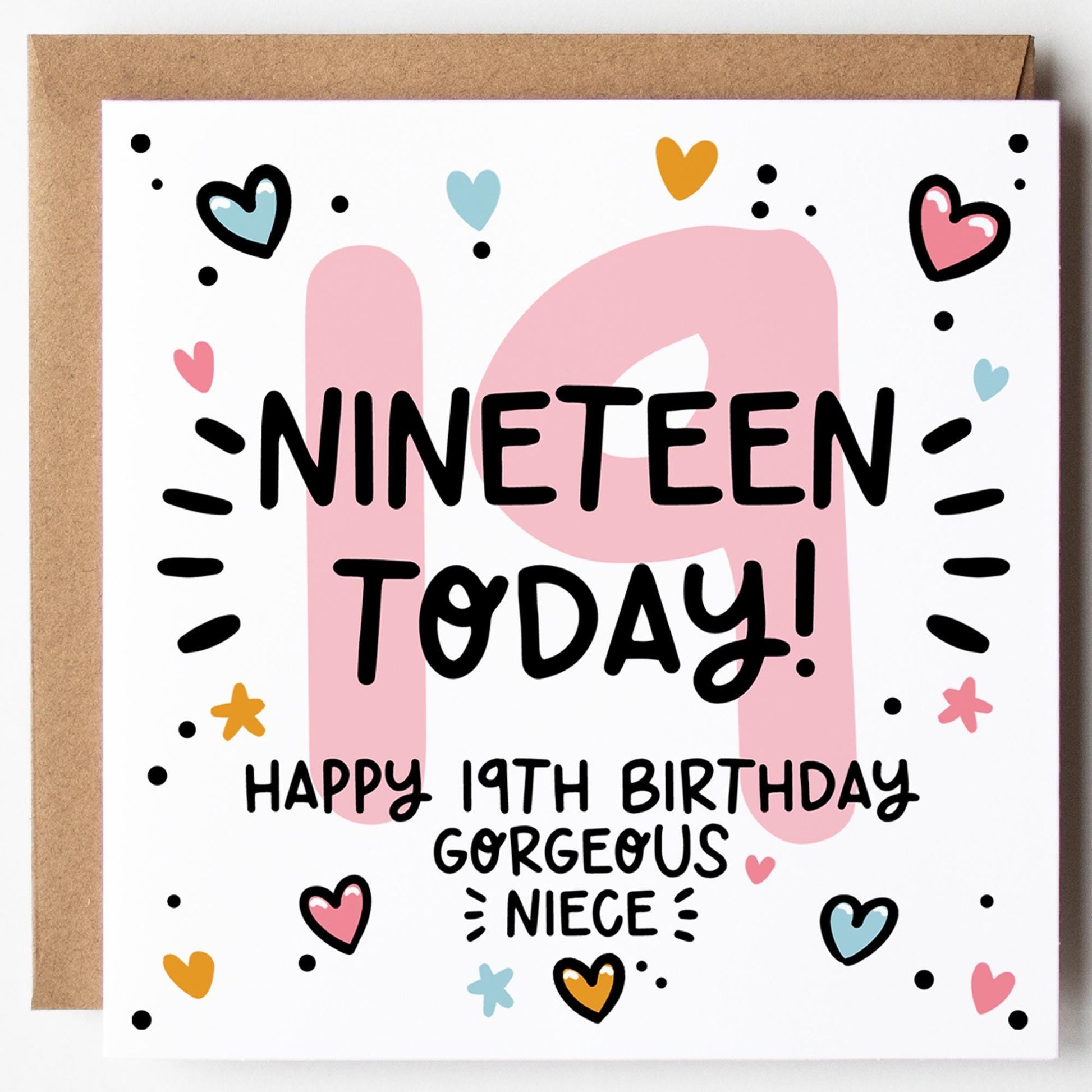 Niece 19th Birthday Card; Nineteen Today, with Kraft Envelope