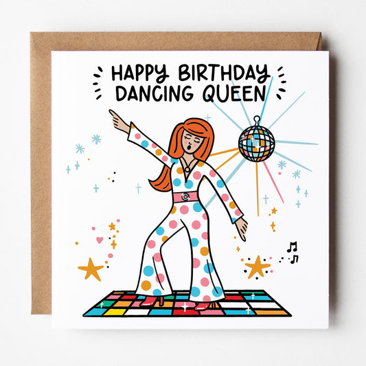 Happy Birthday Dancing Queen Card: Disco Dancer with Kraft envelope