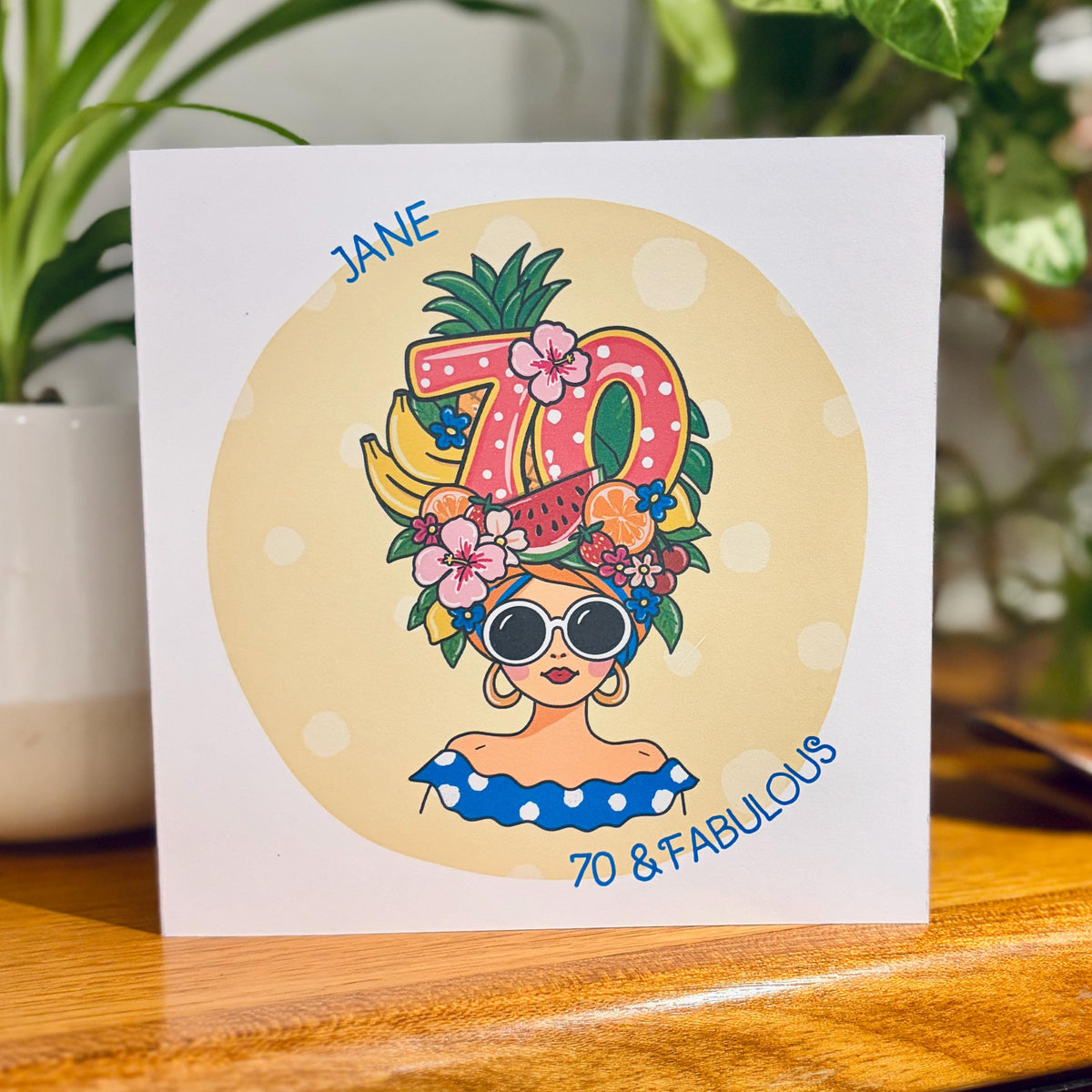 Tutti-Frutti 70th Birthday Card for Her: Personalised, with Kraft envelope