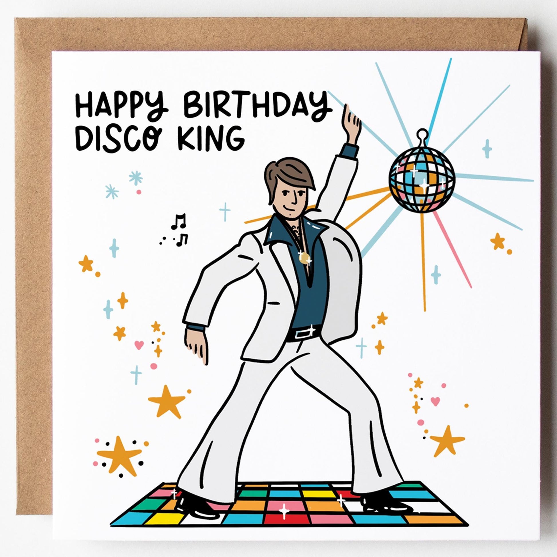 Disco Birthday Card For Him: Dancing King, Funny, with Kraft envelope