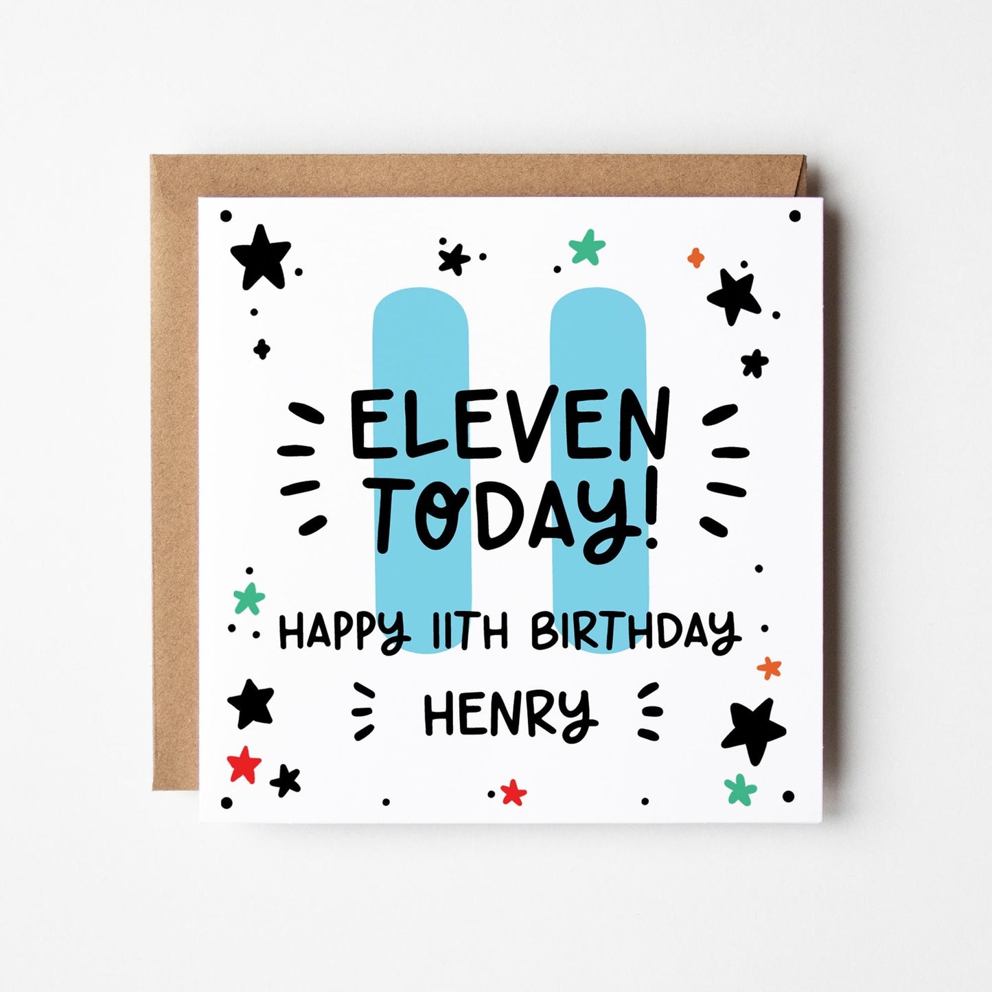 Personalised Birthday Card, 11th to 15th Birthday Number Card with Kraft Envelope