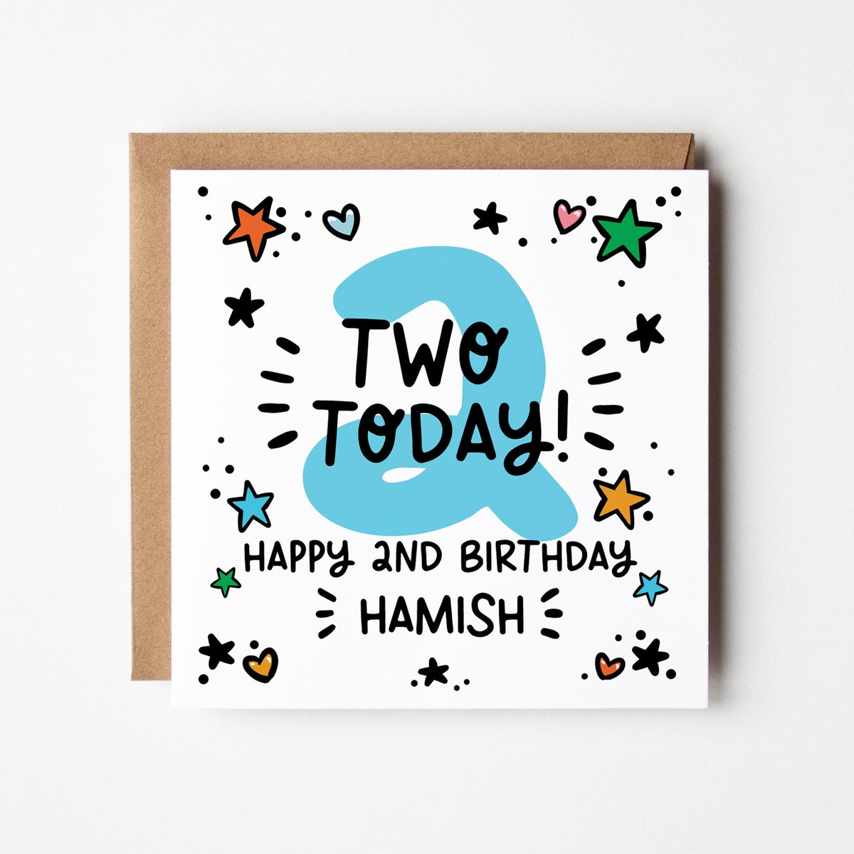 Personalised 2nd Birthday Card: 'Two Today' Design, Blue