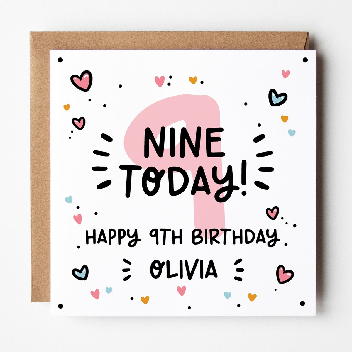 Personalised Girls 6th 7th 8th 9th Birthday Card: Pink number, Custom Name, Kraft Envelope