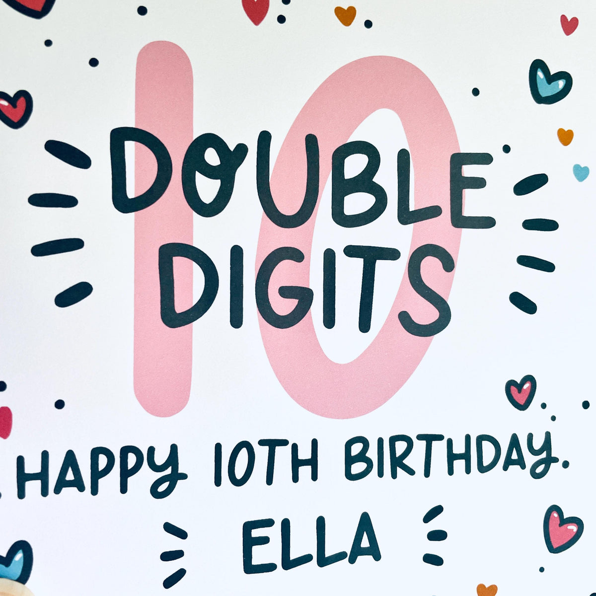 10th Birthday Card: Personalised, Double Digits Design for Girls - with Kraft envelope