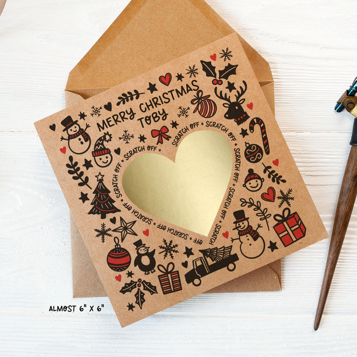 Christmas Scratch and Reveal Card: Personalised message under gold scratch heart