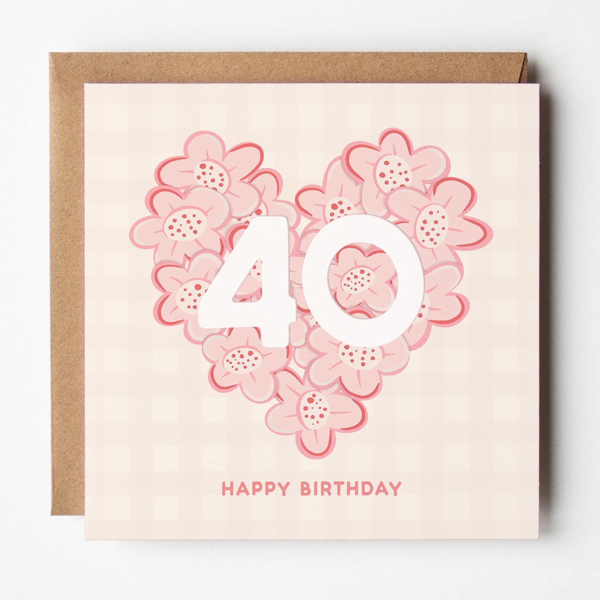 40th Birthday Card for Her; mum, daughter, niece, sister, friend, auntie, pretty, pink, with Kraft envelope