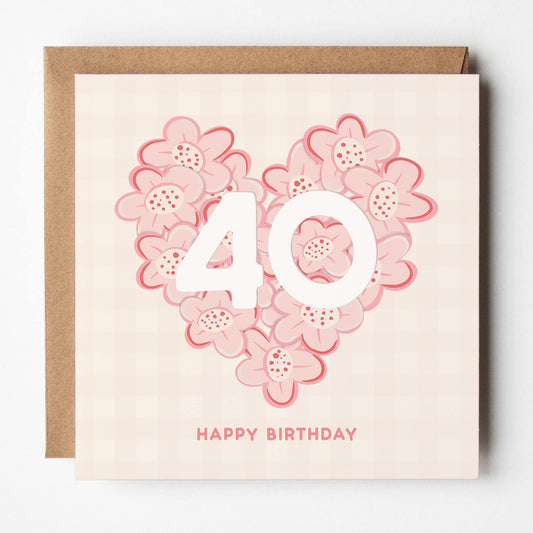 40th Birthday Card for Her; mum, daughter, niece, sister, friend, auntie, pretty, pink, with Kraft envelope