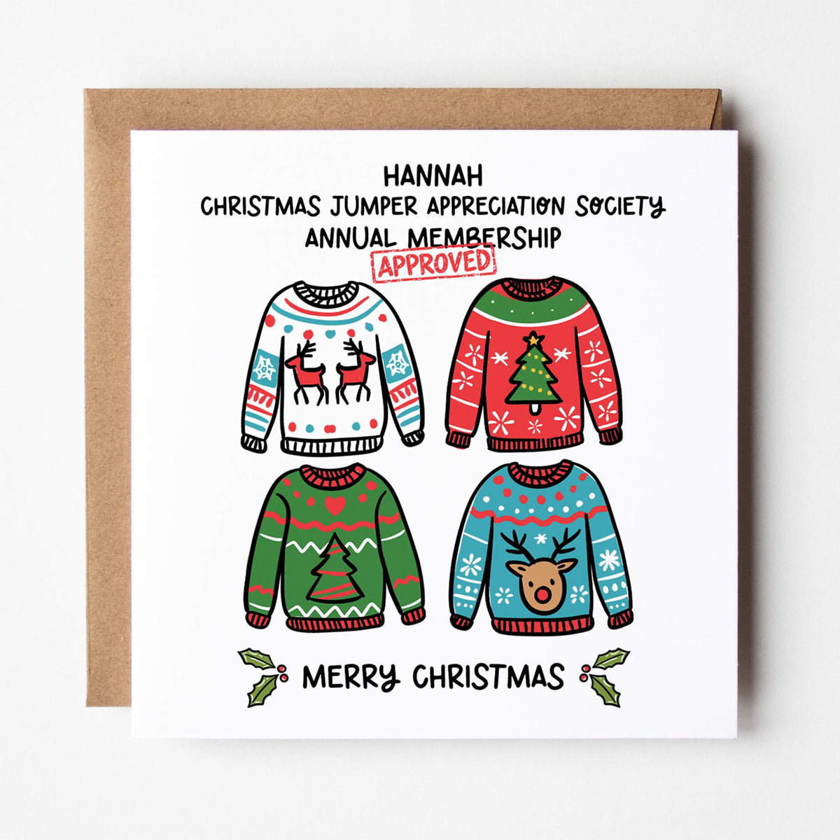Personalised Christmas Jumper Card: funny, with Kraft envelope