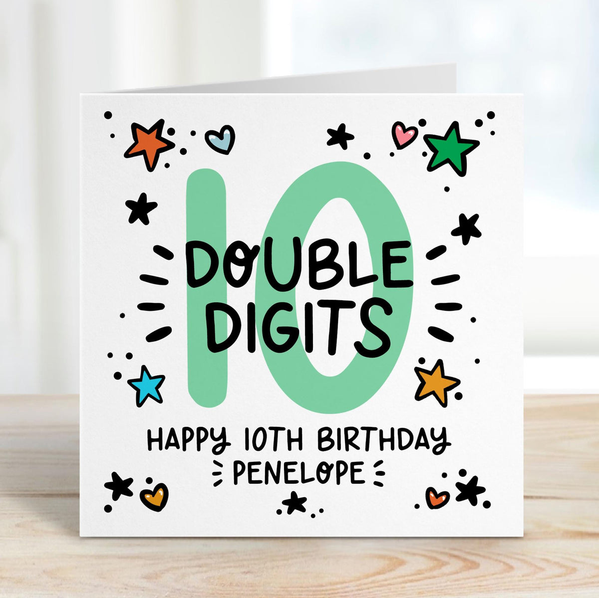 10th Birthday Card, Double Digits, Personalised with Krafte envelope