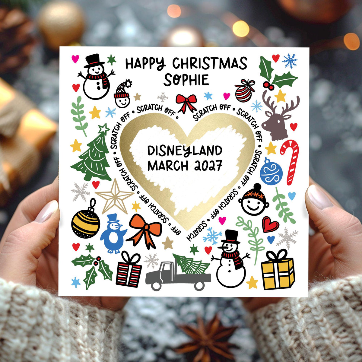 Christmas Scratch and Reveal Card: Personalised message under gold scratch heart