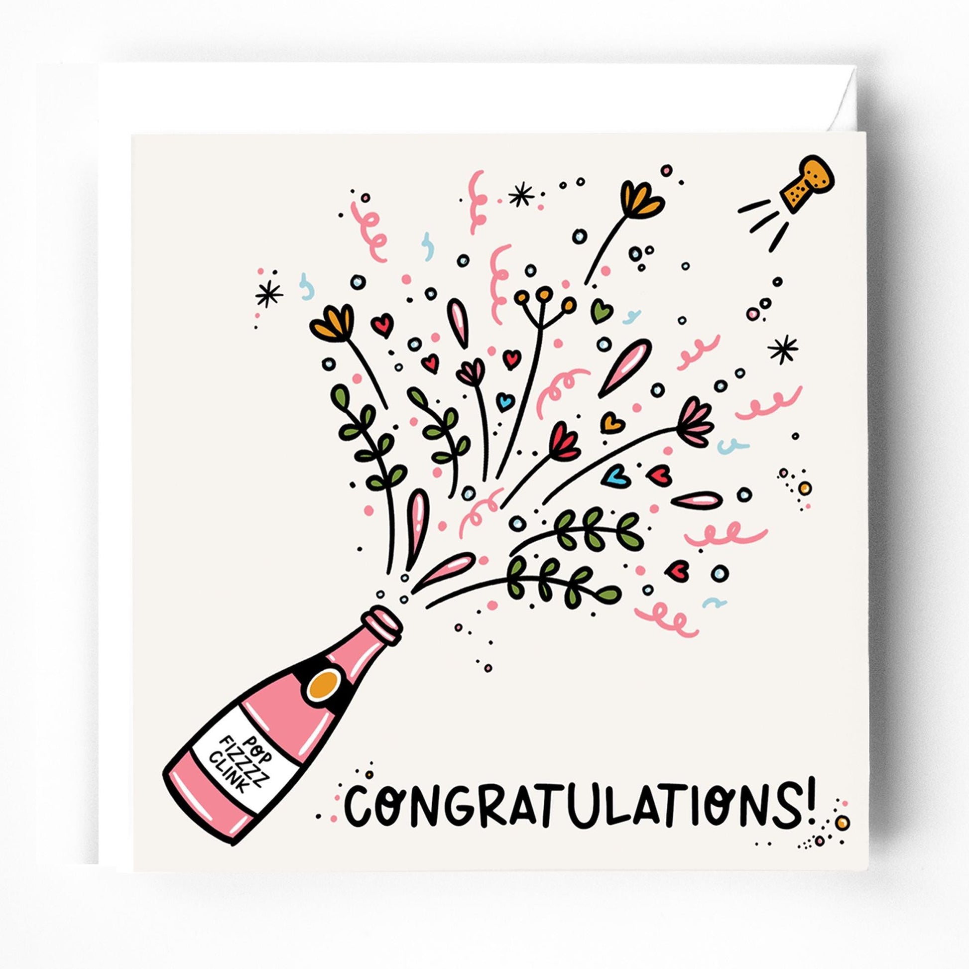 Congratulations Card; Champagne Pop design, wedding, exams, with white envelope