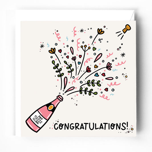 Congratulations Card; Champagne Pop design, wedding, exams, with white envelope