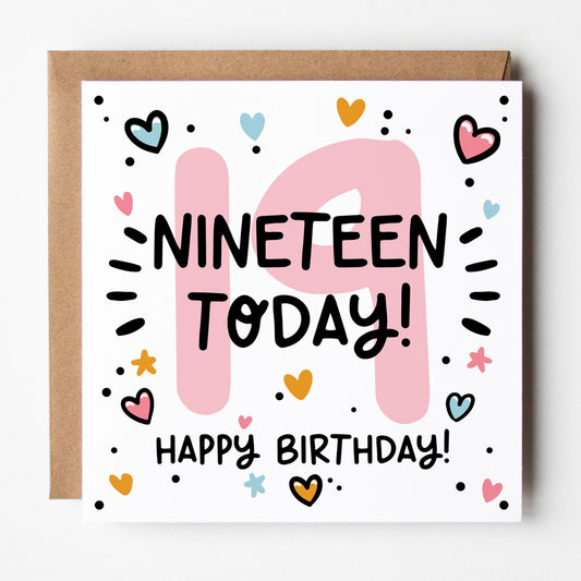 19th Birthday Card for Girls: Pink 10, Nineteen Today with Hearts and Kraft Envelope