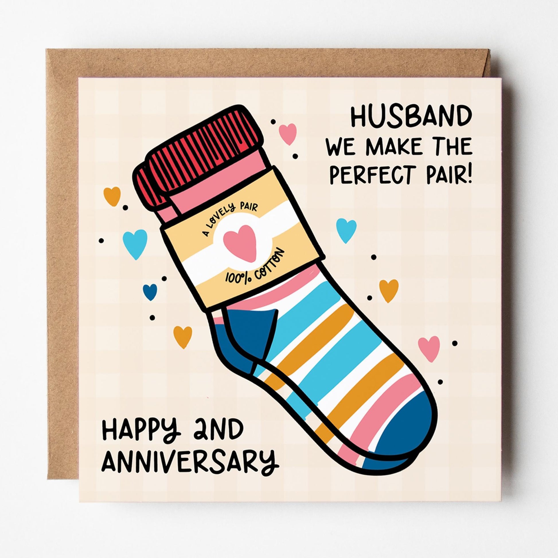 2nd Anniversary Card For Husband: Cotton Anniversary; Socks design with Kraft envelope