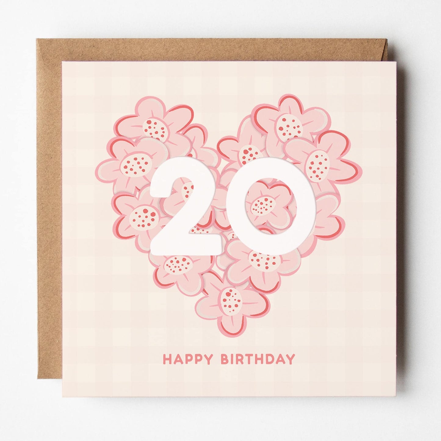 20th Birthday Card for Her; daughter, niece, sister, friend, pretty, pink, with Kraft envelope