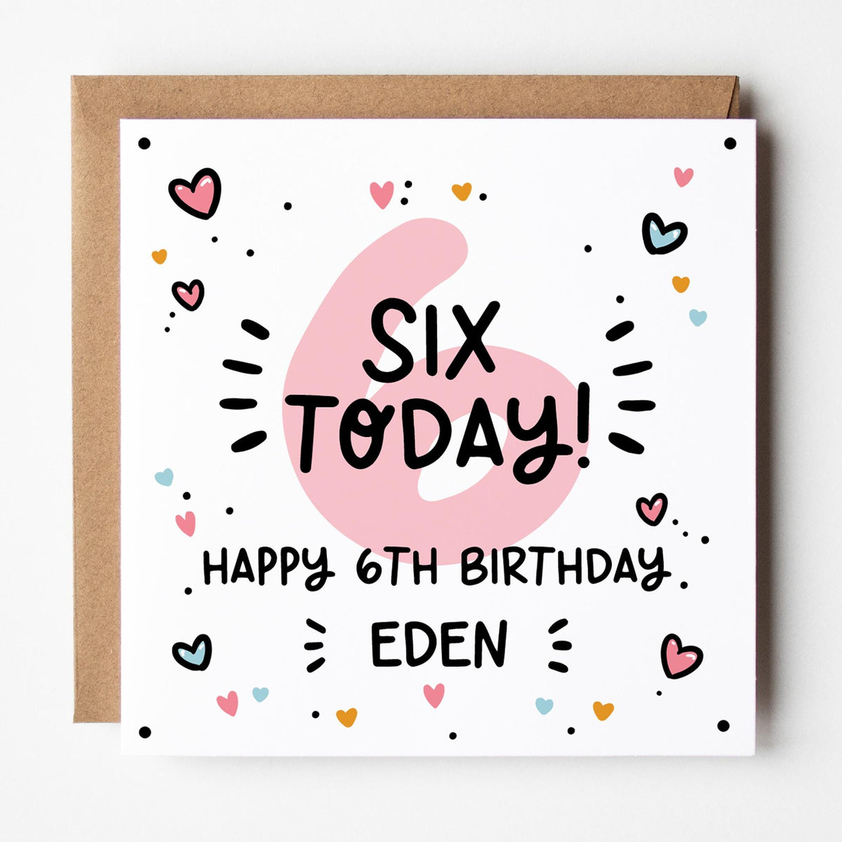Personalised Girls 6th 7th 8th 9th Birthday Card: Pink number, Custom Name, Kraft Envelope